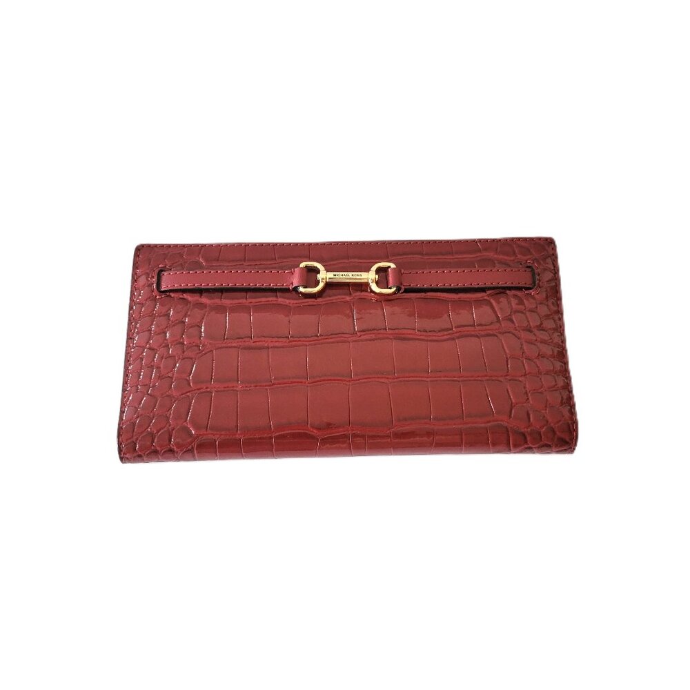 Michael Kors Carson Large Snap Wallet Cherry Embossed Croc Faux Patent Leather